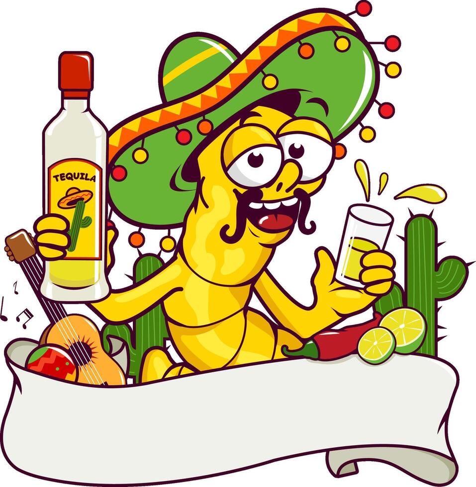 Banner decorated with a tequila worm drinking tequila and other Mexican themed illustrations. Mexican banner with tequila worm. Cinco de Mayo Mexican party with drinks. vector