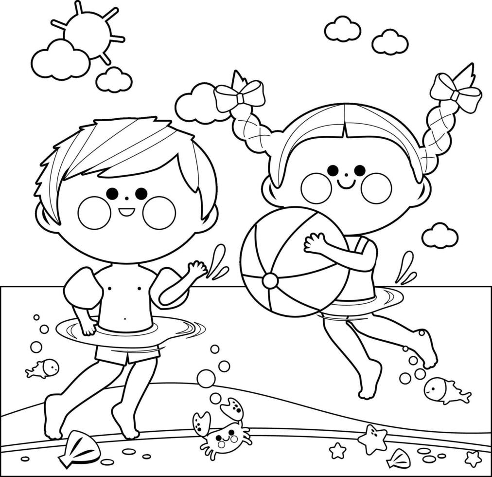 Children swimming in the sea. Summer holidays for children at the beach. Girl and boy with beach ball and inflatable rubber ring have fun on water vacations. Black and white coloring page. vector