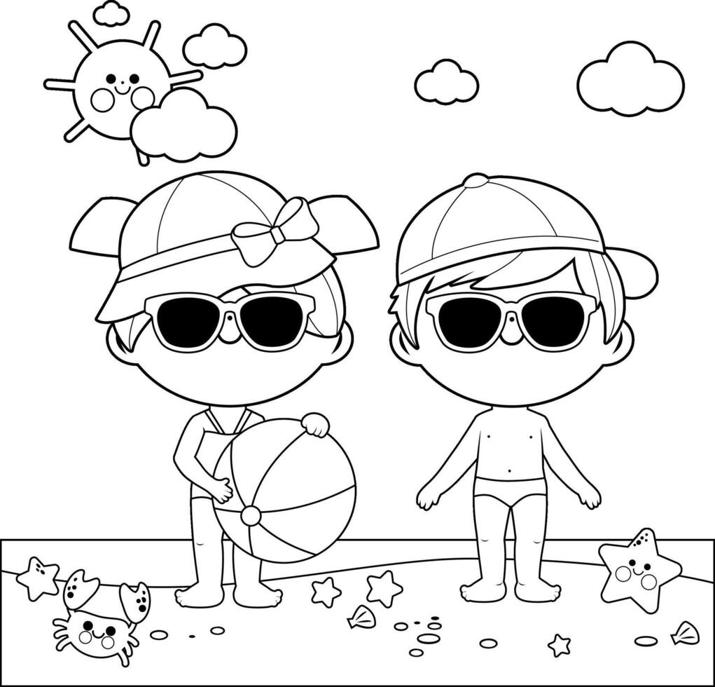 Children at the beach with sun protection hats and sunglasses. Kids on a summer vacation island. Black and white coloring page. vector
