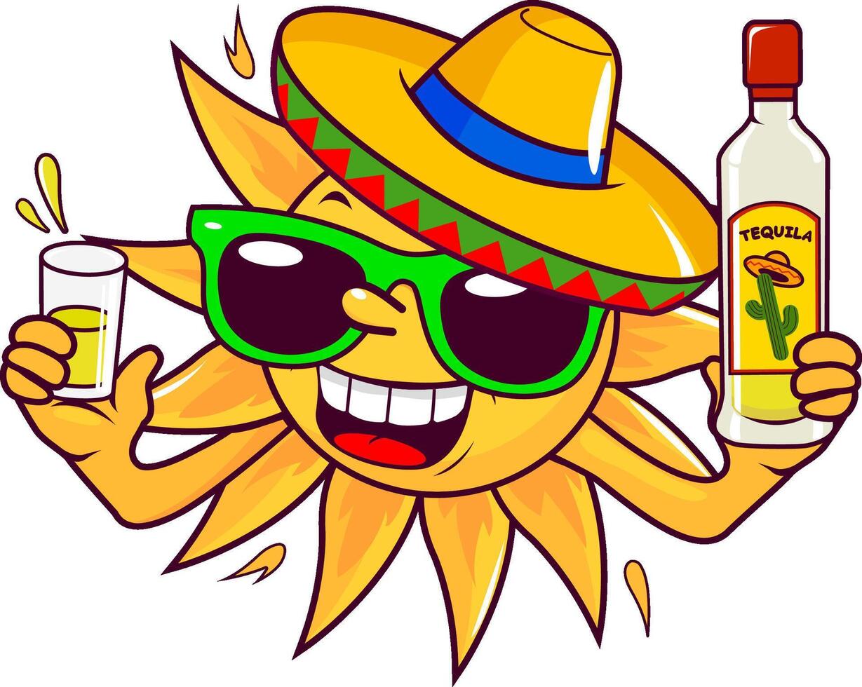 Cartoon Mexican summer sun with a sombrero hat and sunglasses, drinking a shot of tequila. Cinco de Mayo party celebration with drinks. vector