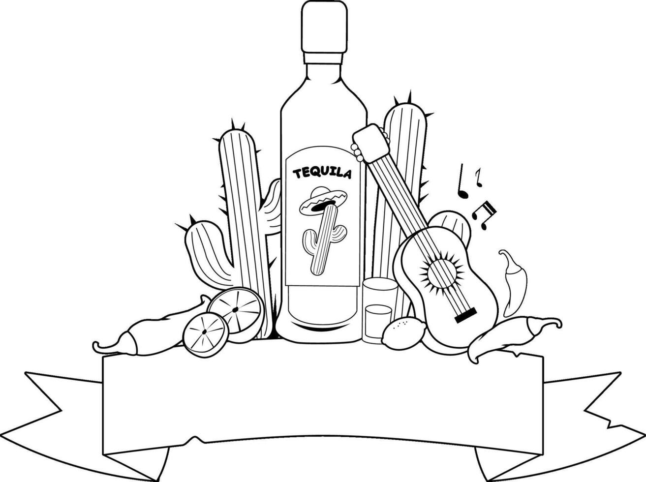 Cinco de Mayo Mexican party banner. Blank border banner decorated with a bottle of tequila drink, Mexican music guitar, cactus, lime and chili peppers. Black and white coloring page. vector