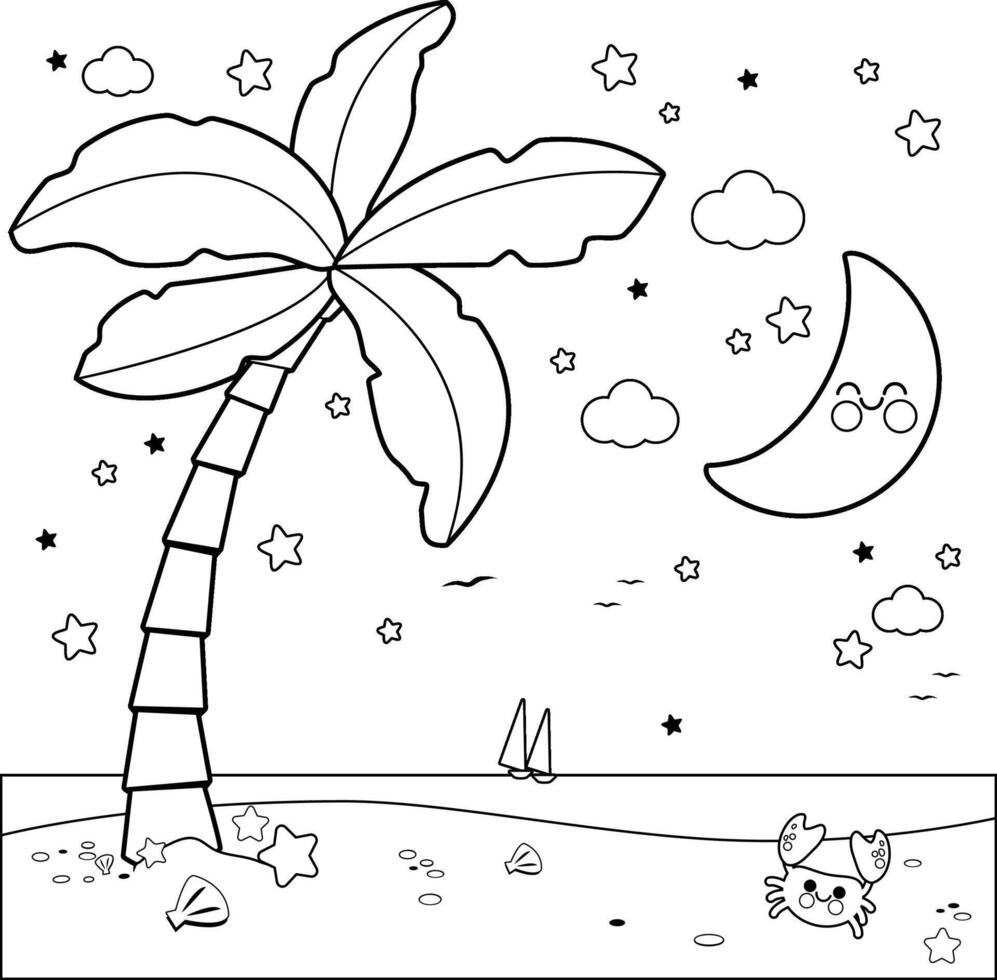 Tropical beach with a palm tree at night. Sea view with moon and stars in midnight, beautiful summer island vacations. Black and white coloring page. vector