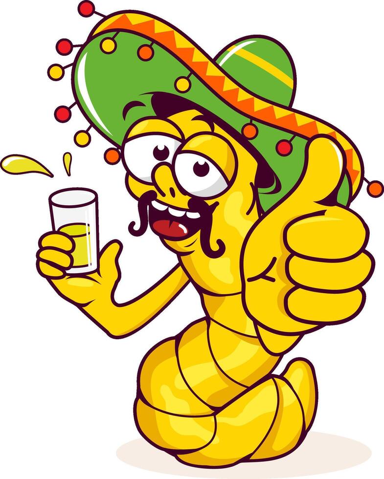 Mexican cartoon tequila worm with sombrero hat drink a shot of tequila drink. A cartoon drunk tequila worm holding a glass of tequila alcoholic beverage and drinking at a Cinco de Mayo party. vector