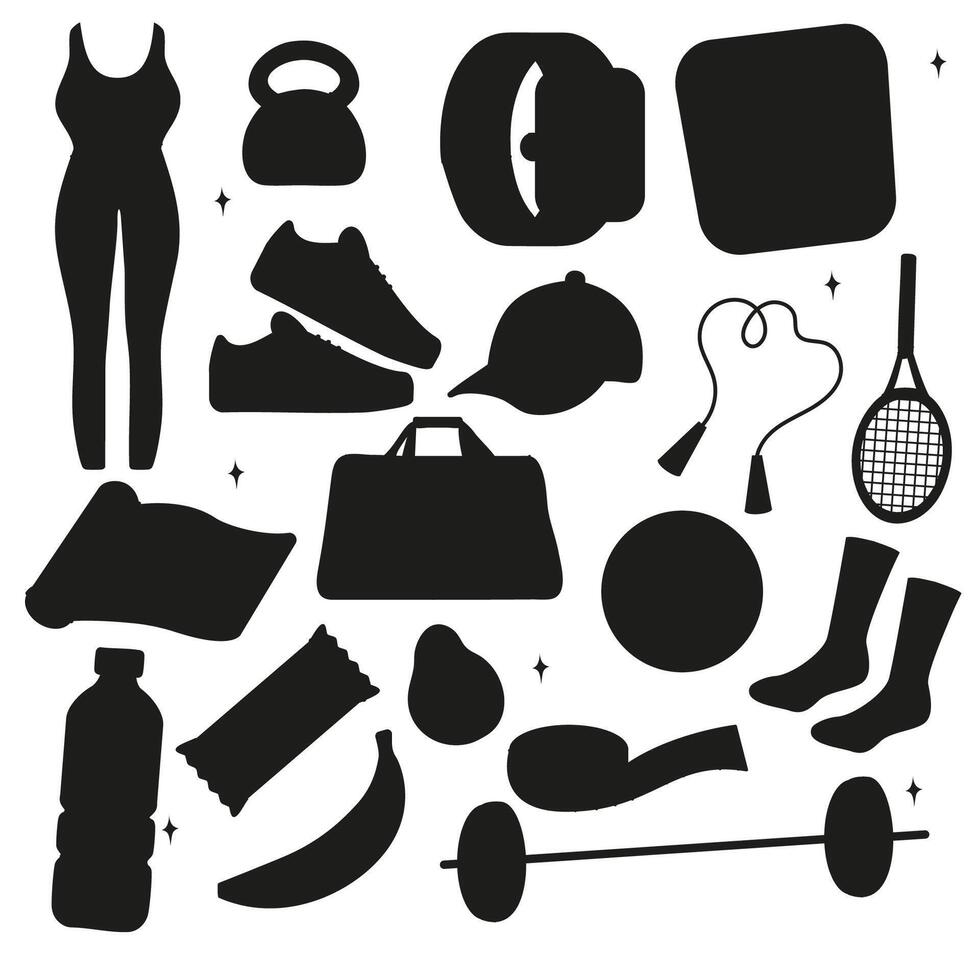 Collection silhouette of fitness gym inventory elements, sport equipment. Healthy lifestyle concept. vector