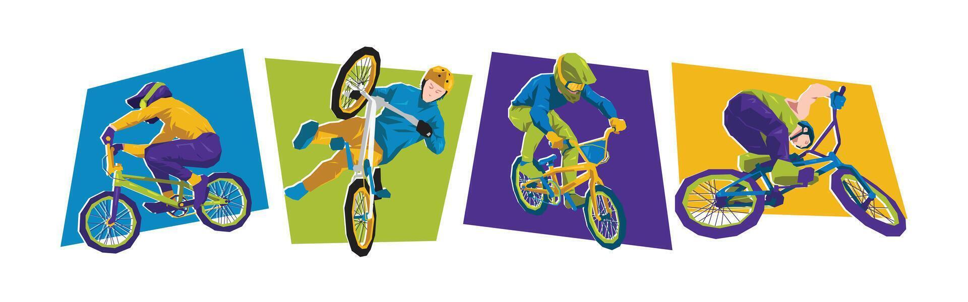 Set of male bmx racing and freestyle. Sport, race, competition concept. Isolated on white background. Flat illustration. vector