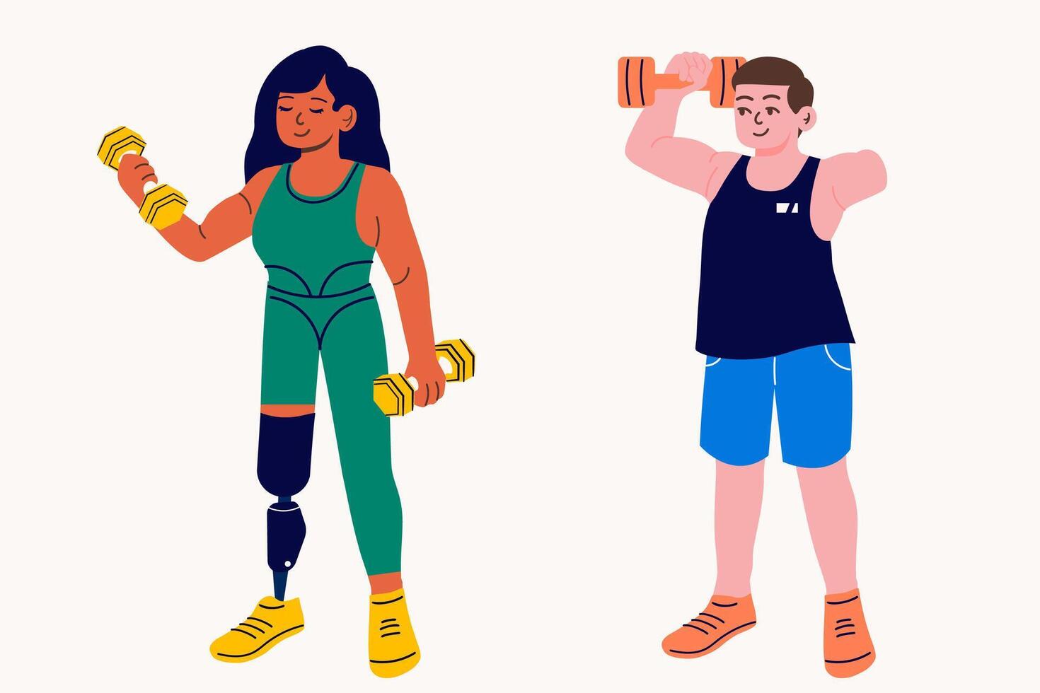 A man with an amputated arm and a woman with a prosthesis are exercising with dumbbells, fitness equipment vector