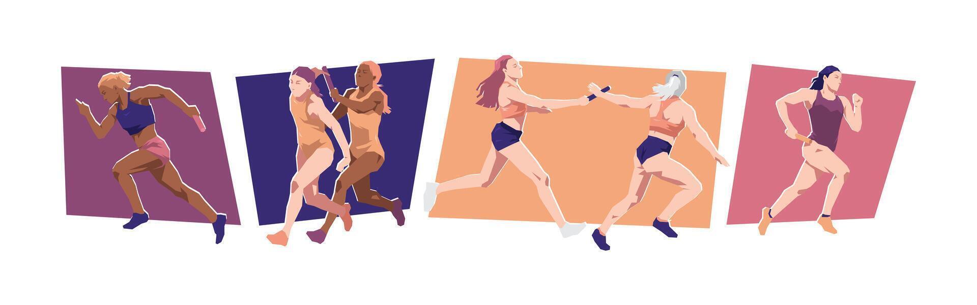 set of relay race. female athlete. sport, running. flat illustration. vector