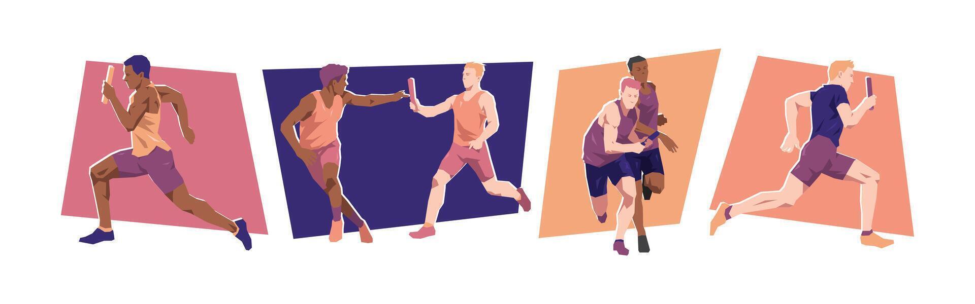 set of relay race. male athlete. sport, running. flat illustration. vector