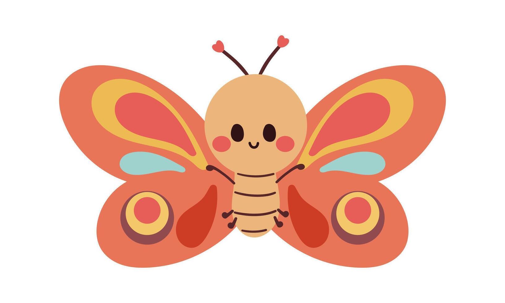 Cute Butterfly Smile Cartoon Page For Kids . Flat hand drawn illustration isolate on white . Funny childish character . vector