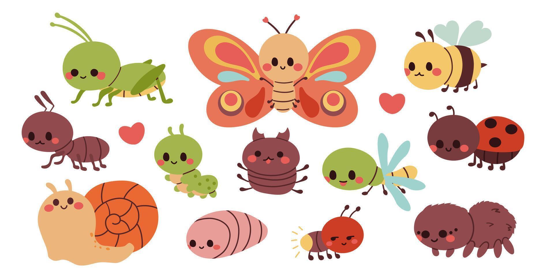 Set of cute garden insects, bugs. Snail, spider, butterfly, stag beetle, dragonfly, grasshopper, worm, spider, ladybug, bee ,fire fly, ant for children. Funny childish characters. vector
