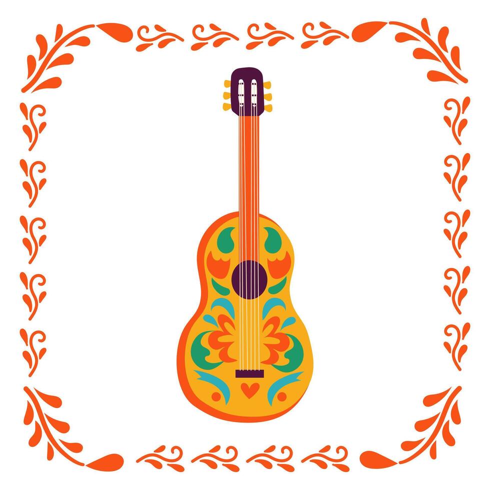 Mexican guitar flat in cartoon style. Instrument for Mariachi band. Mexican traditional culture. Dia De Los Muertos. Day of the Dead concept or Cinco de Mayo . vector