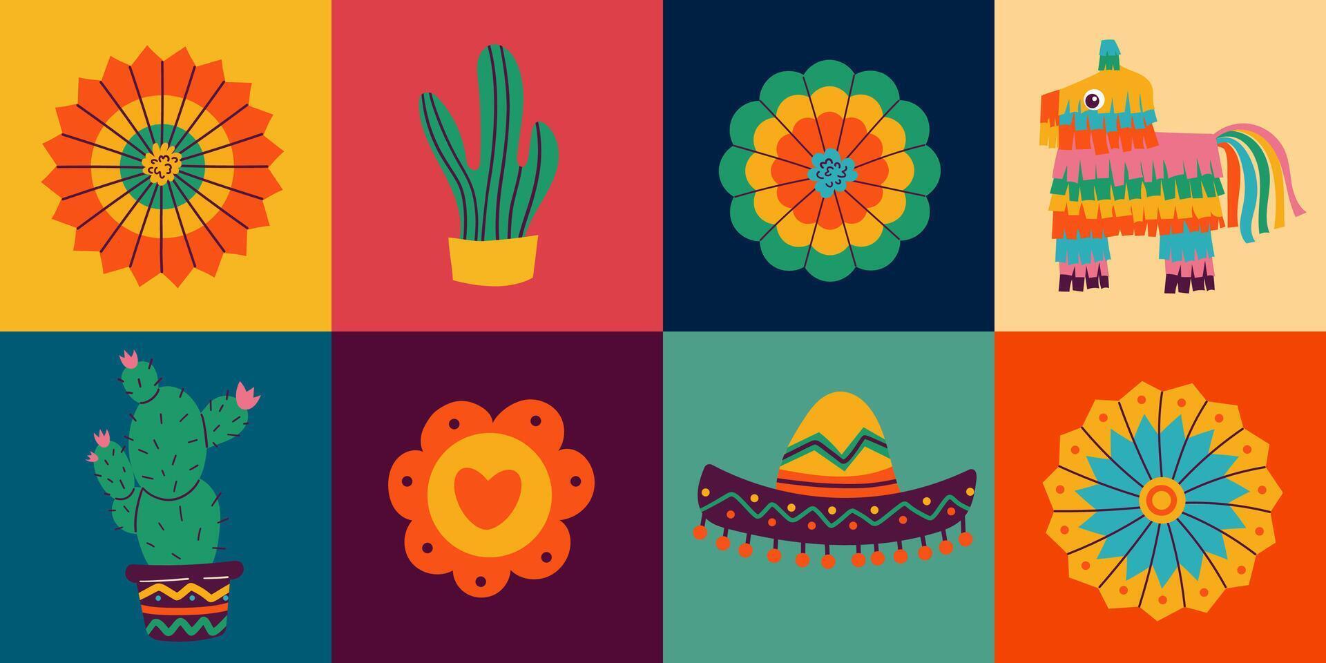 Cinco de mayo big set. Mexican skull, sombrero, , Mexican hat, cactus . Cozy flat doodle hand drawn holiday element . Mexican Pattern design . vector