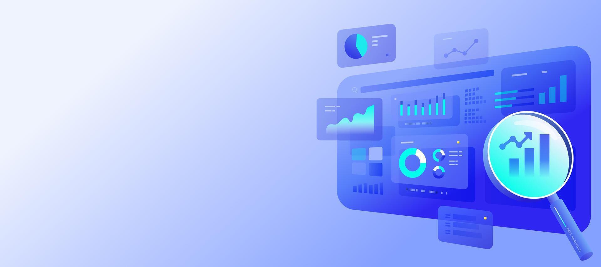 Data analytics concept illustration, blue ui dashboard technology platform with magnifier search banner background vector