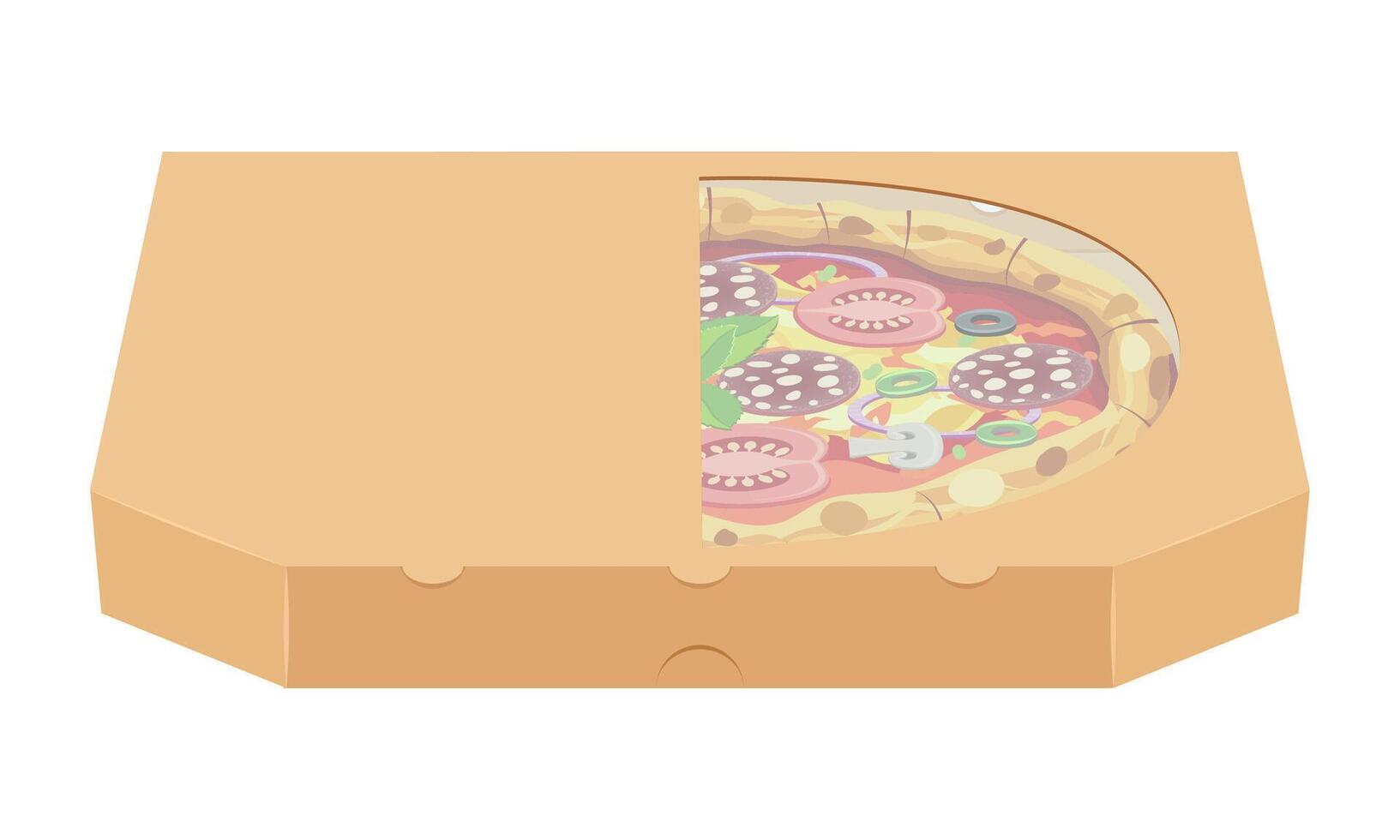 crispy pizza in cardboard box freshly baked with sausage, tomatoes, olives, mushrooms and cheese illustration isolated vector
