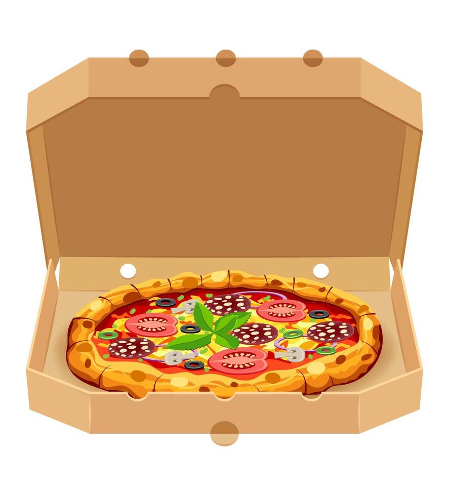 crispy pizza in cardboard box freshly baked with sausage, tomatoes, olives, mushrooms and cheese illustration isolated on background vector