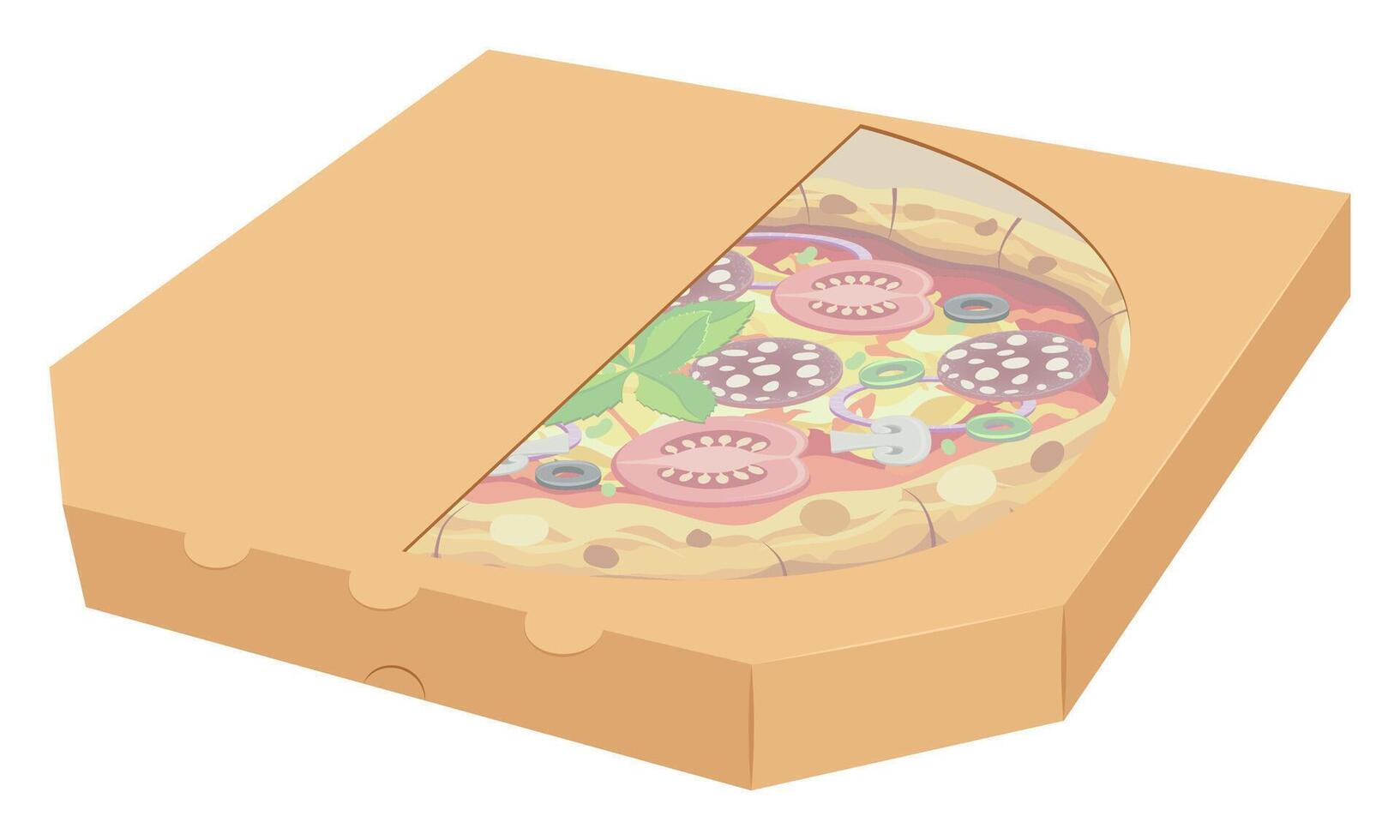 crispy pizza in cardboard box freshly baked with sausage, tomatoes,, mushrooms and cheese illustration isolated on white background vector