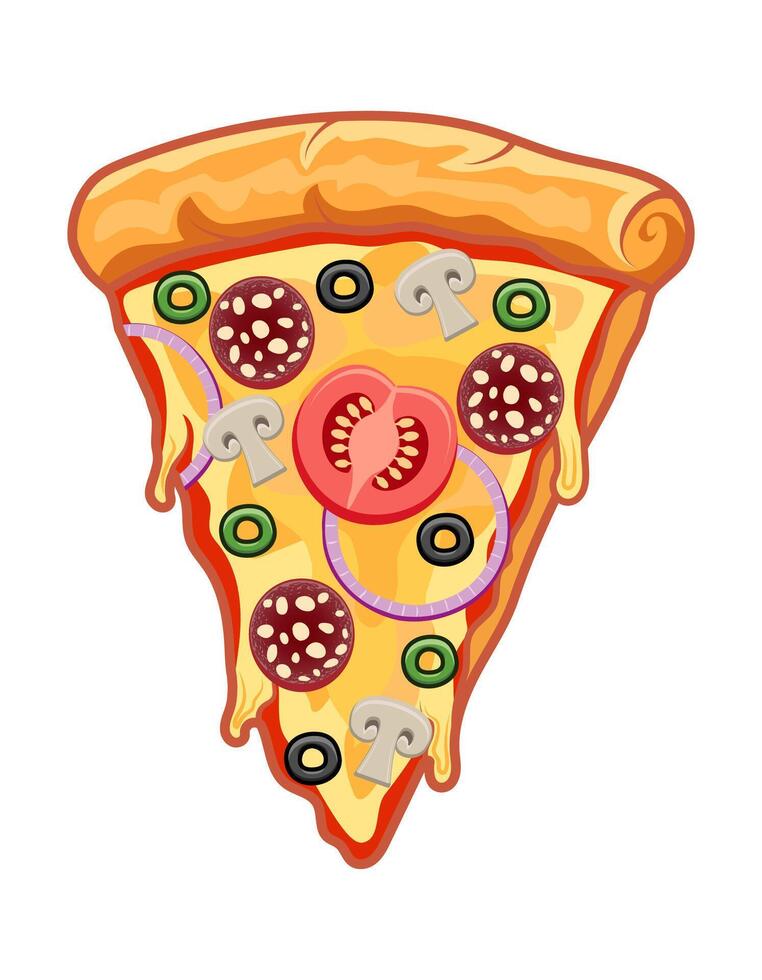 crispy pizza slice cut freshly baked with sausage, tomatoes, olives, mushrooms and cheese illustration isolated on background vector