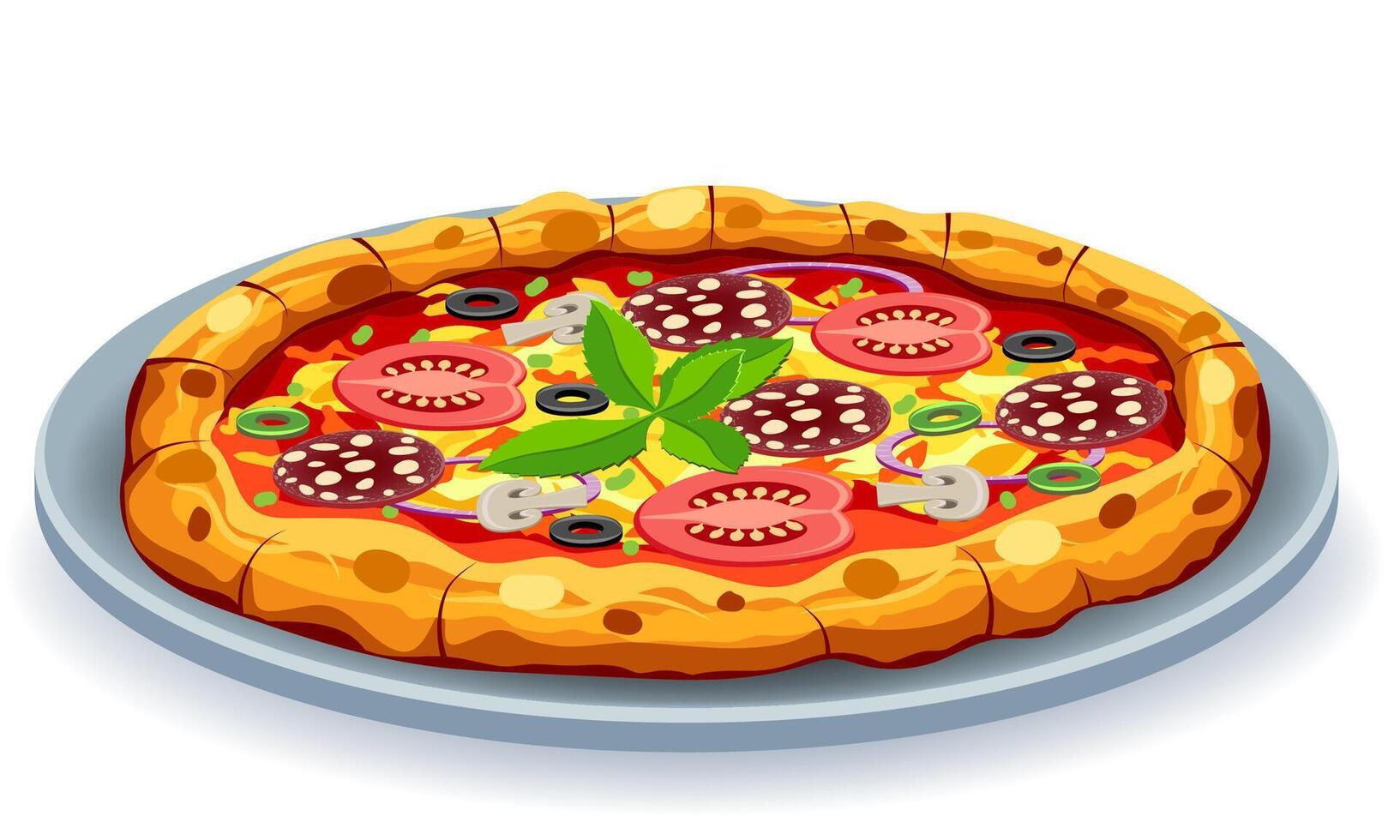 crispy pizza freshly baked with sausage, tomatoes, olives, mushrooms and cheese illustration isolated on white background vector
