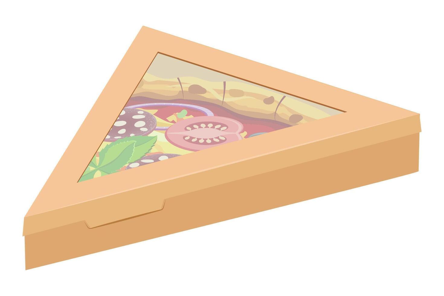 crispy pizza in cardboard box freshly baked with sausage, tomatoes,, and cheese illustration isolated on white background vector
