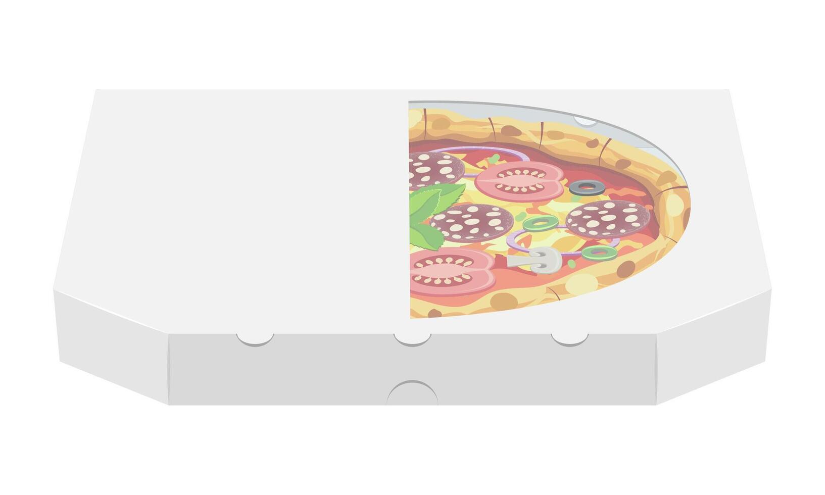 crispy pizza in cardboard box freshly baked with sausage, tomatoes,, mushrooms and cheese illustration isolated white background vector