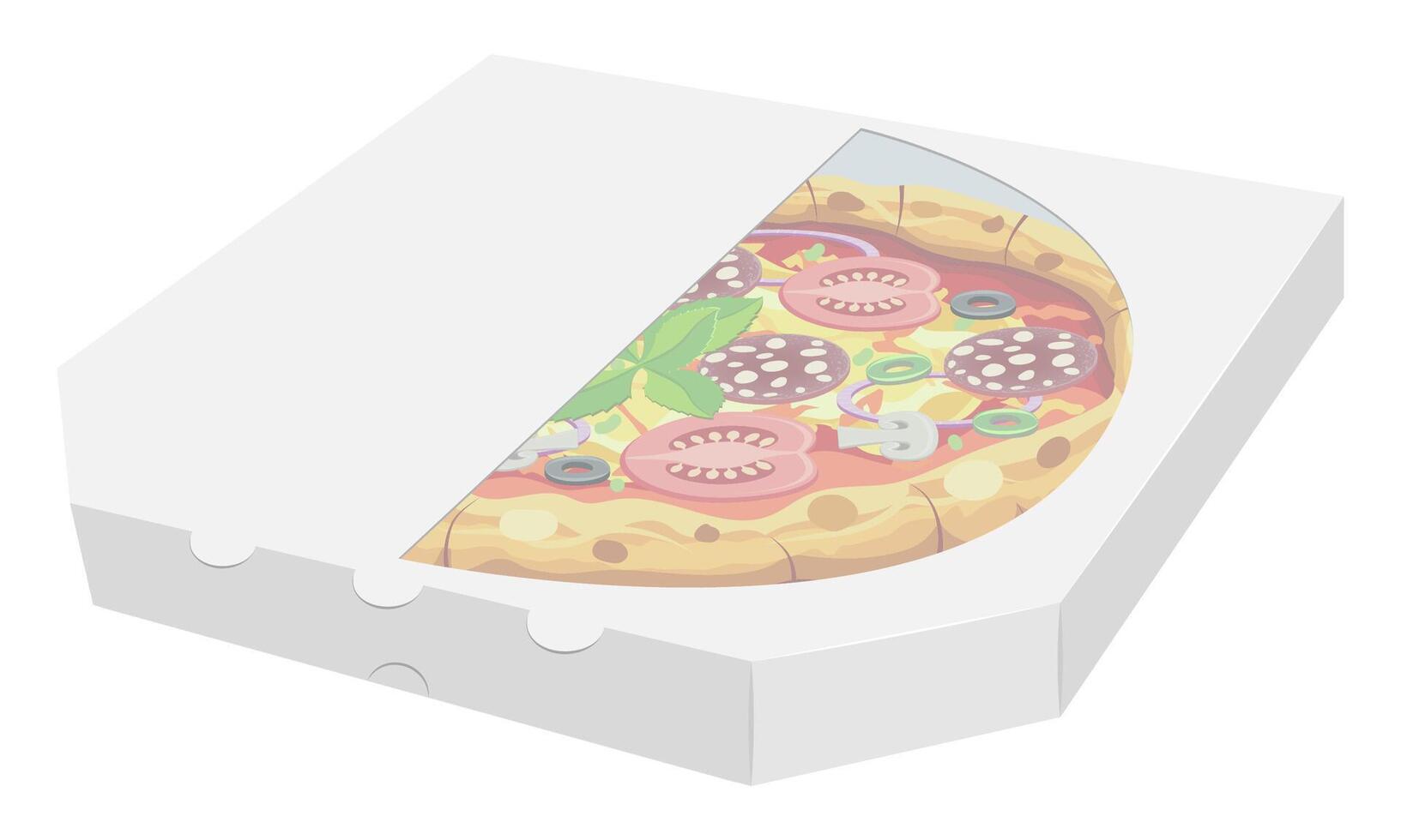 crispy pizza in cardboard box freshly baked with sausage, tomatoes,, mushrooms and cheese illustration isolated on background vector