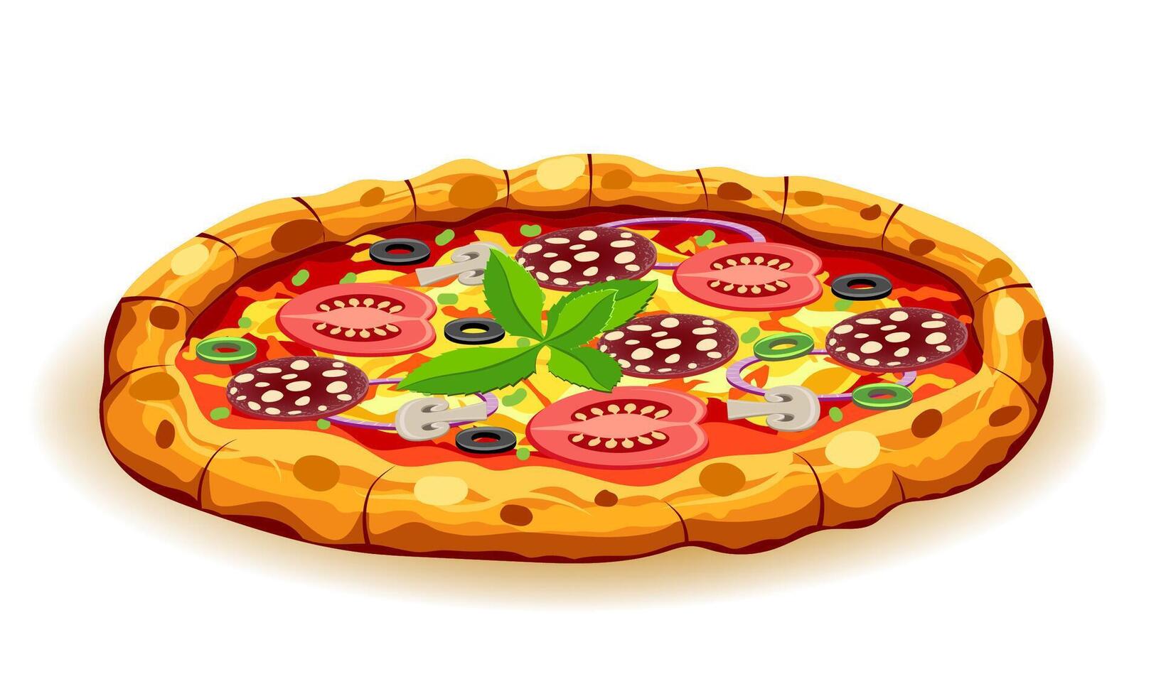 crispy pizza freshly baked with sausage, tomatoes, olives, mushrooms and cheese illustration isolated white background vector