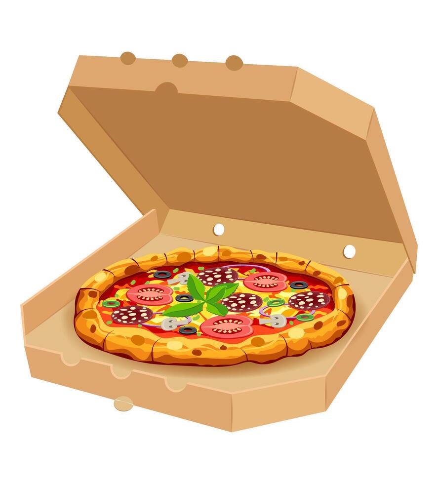 crispy pizza in cardboard box freshly baked with sausage, tomatoes, olives, mushrooms and cheese illustration isolated white background vector
