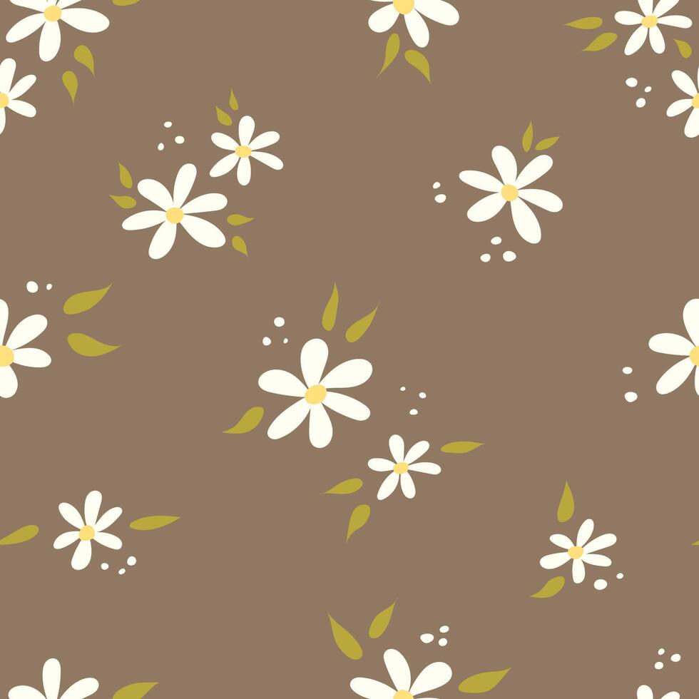 Spring pattern with white daisy flowers on a brown background with leaves and dots. Seamless texture vector