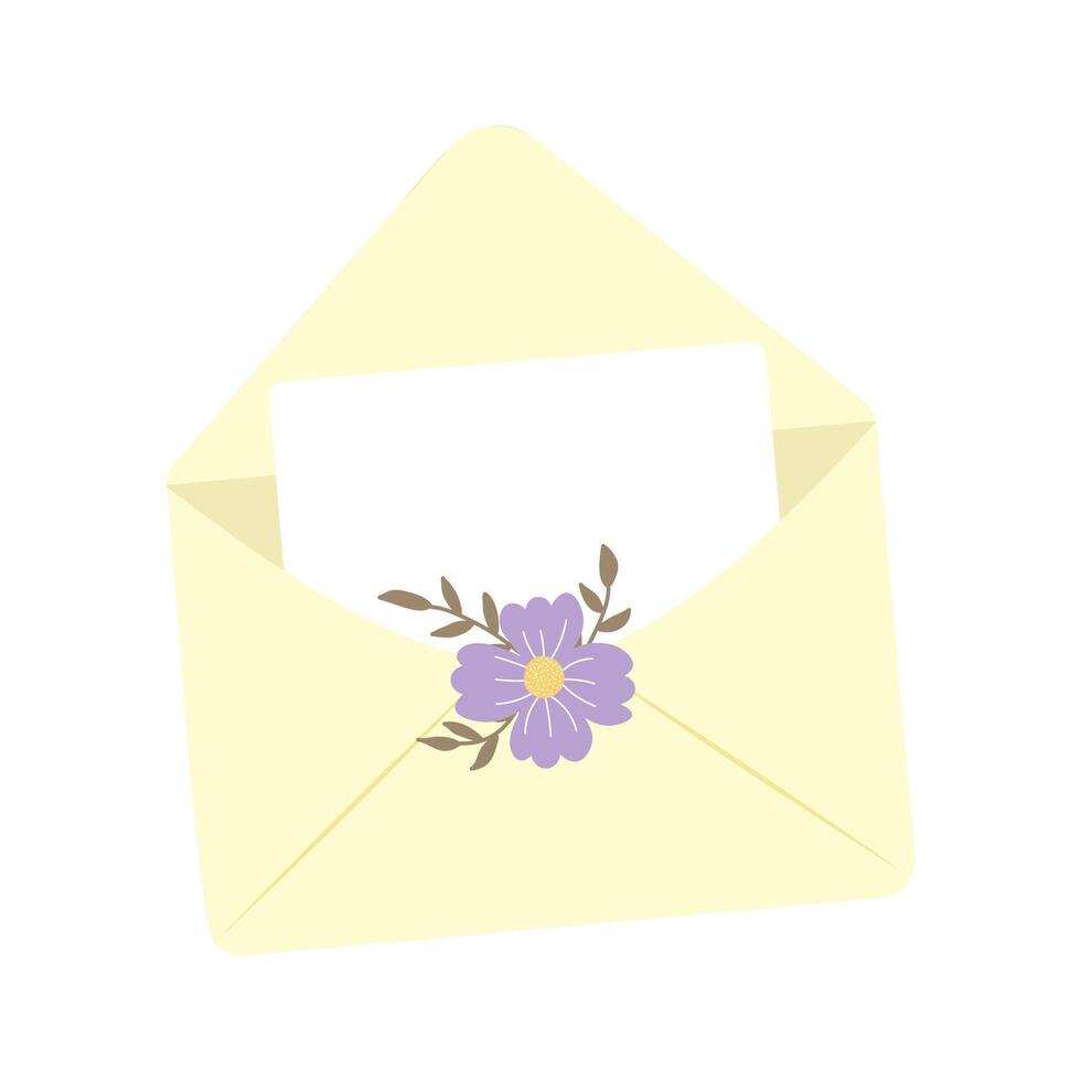 An open letter in a yellow paper envelope decorated with a flower and leaves. vector