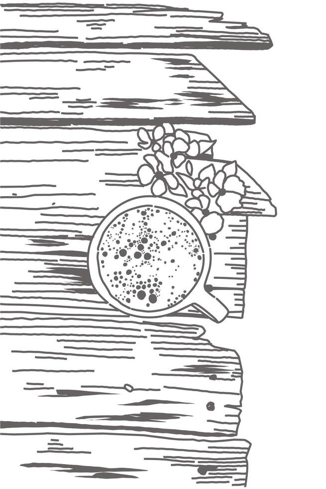 Black and white line art Cup of coffee on wood texture vertical background vector