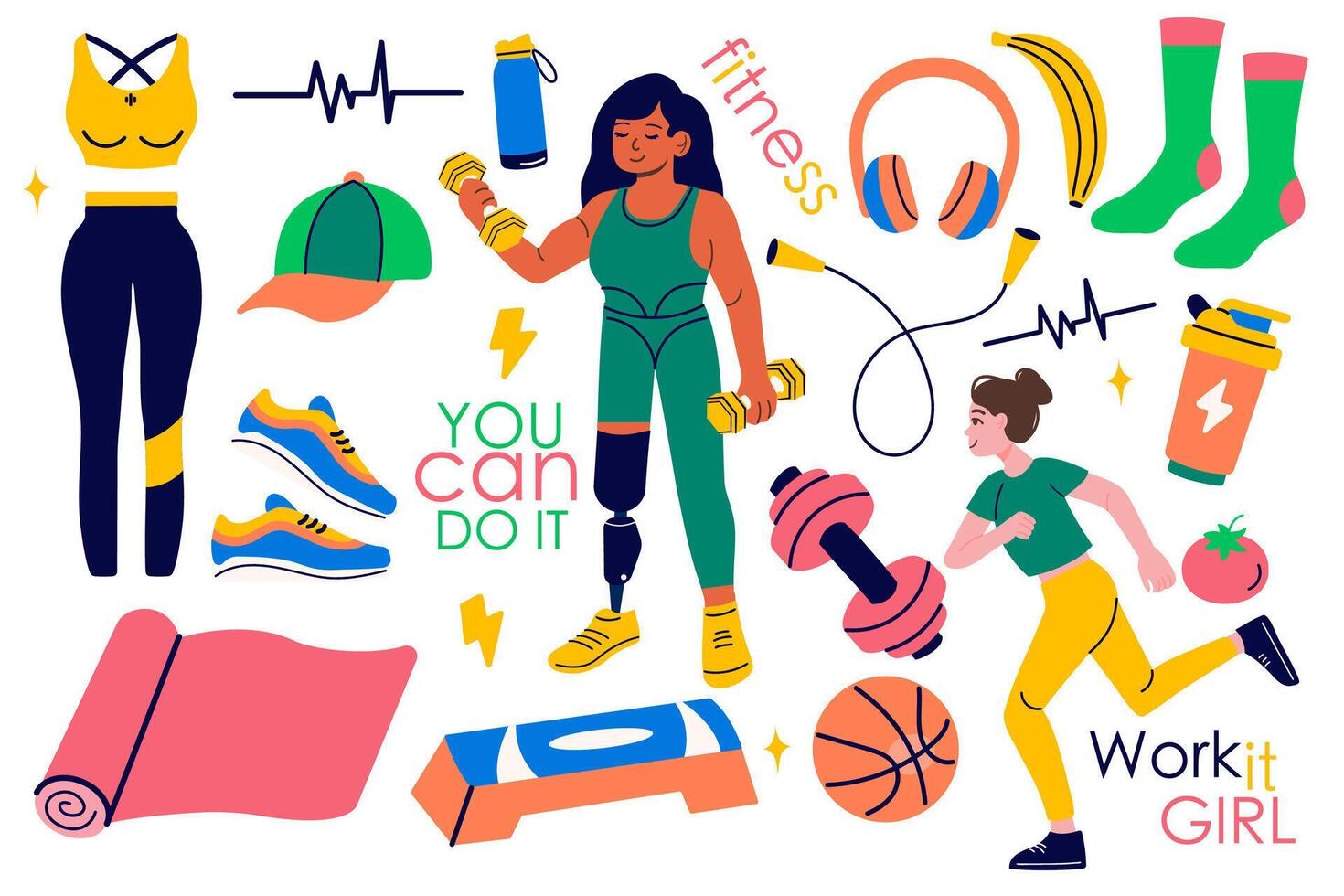Collection of fitness gym inventory elements, people doing sports, sport equipment. Woman with prosthesis. vector