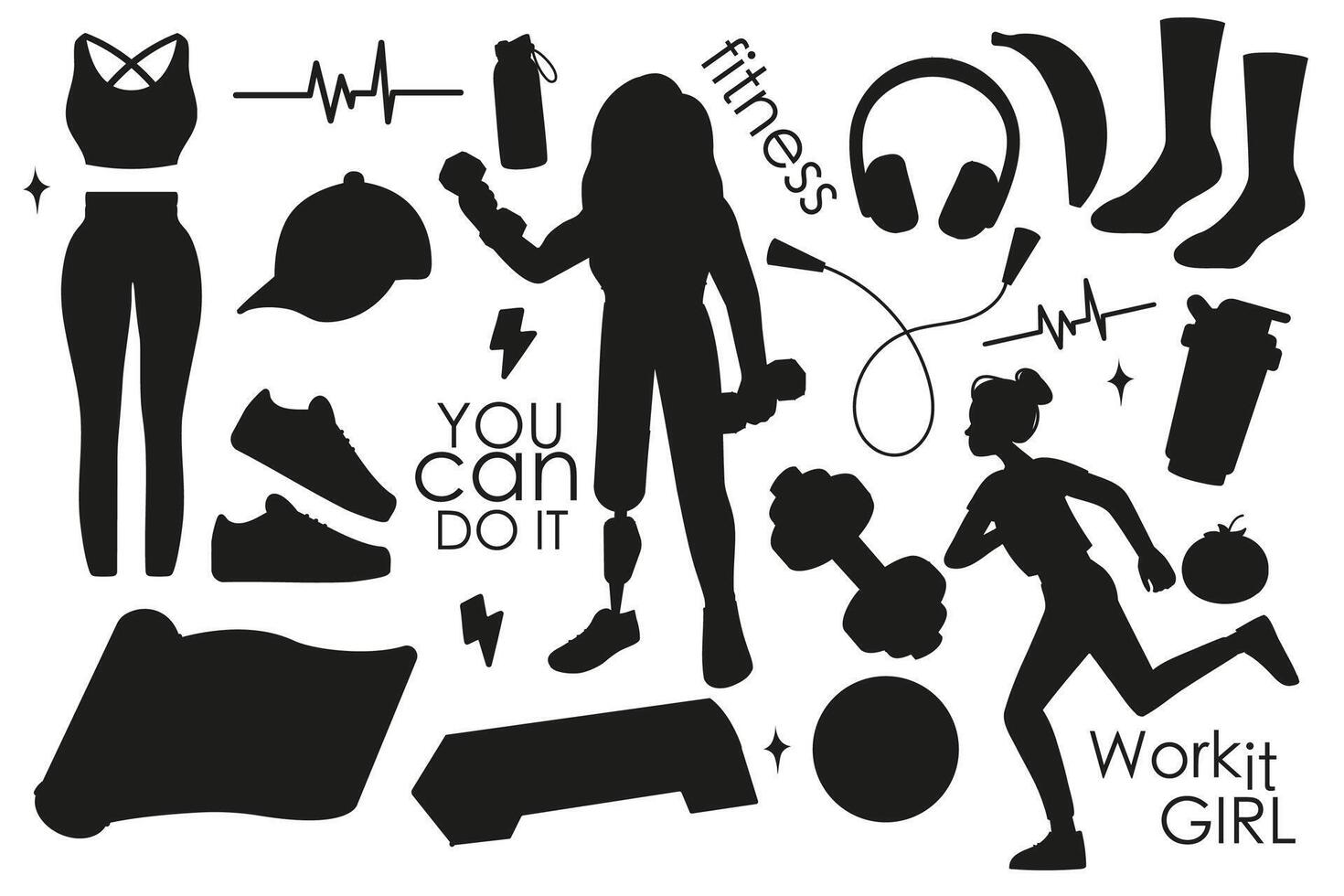 Collection silhouette of fitness gym inventory elements, people doing sports, sport equipment. Woman with prosthesis. vector