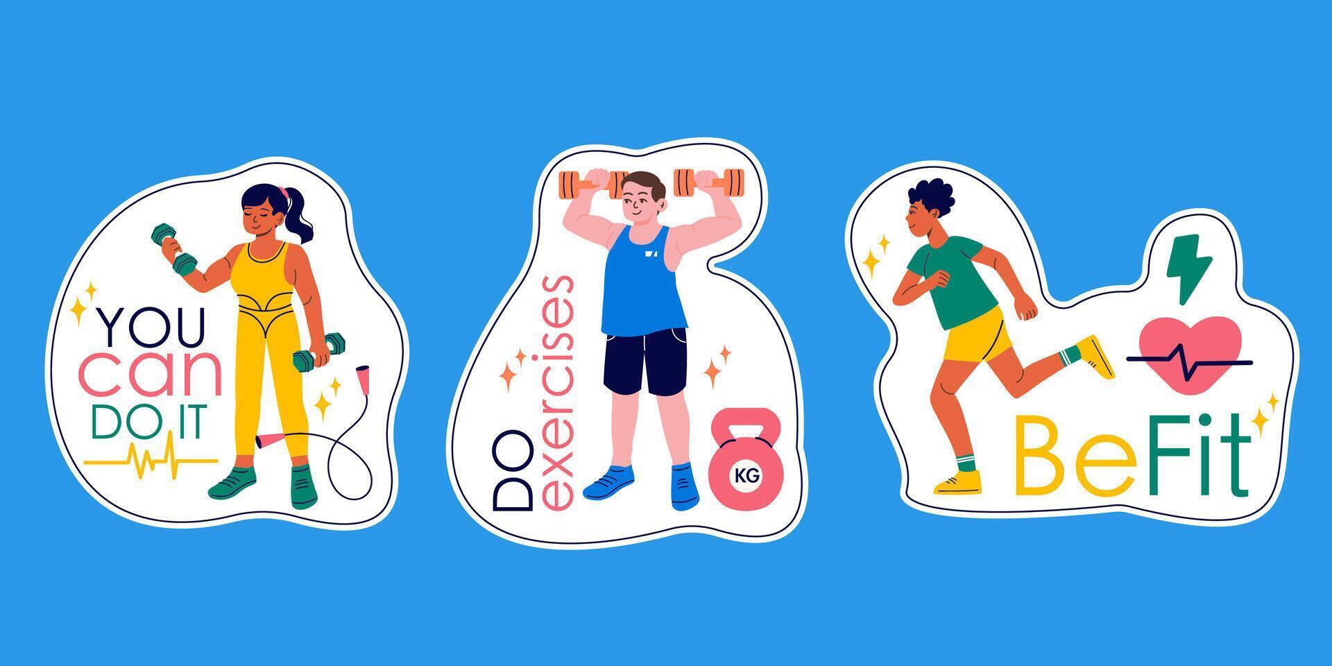 Stickers people doing sports fitness inventory, gym, sport equipment of badge, label design with lettering vector