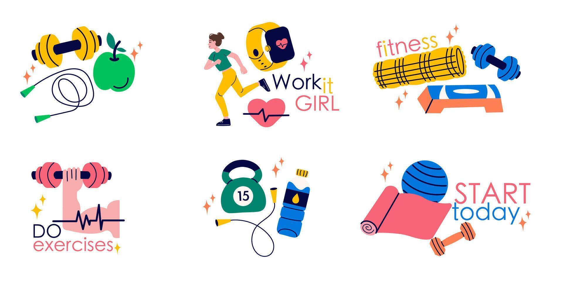 Fitness inventory, gym accessories, sport equipment of badge, label design with lettering vector