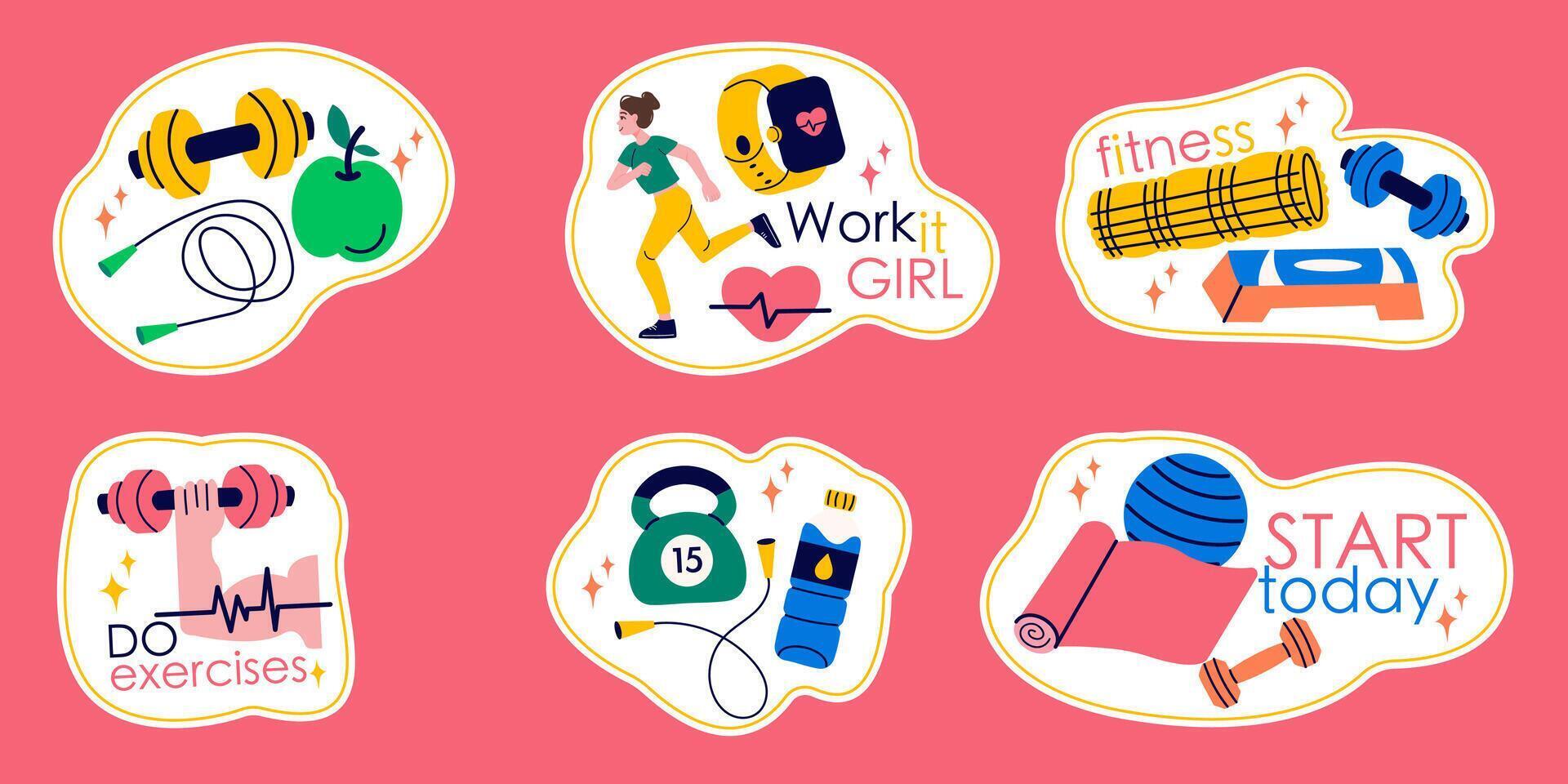 Stickers fitness inventory, gym accessories, sport equipment of badge, label design with lettering vector