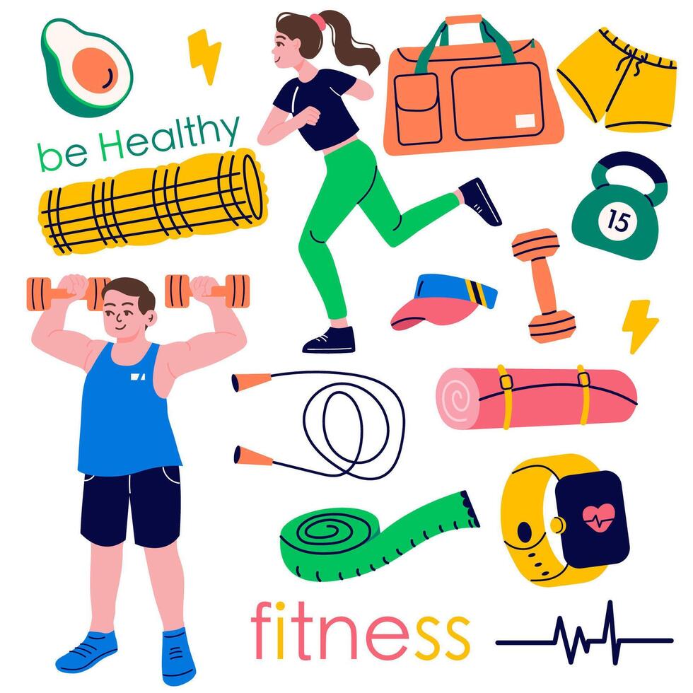 Collection of fitness gym inventory elements, people doing sports, sport equipment. Woman with amputee. Healthy lifestyle concept. vector