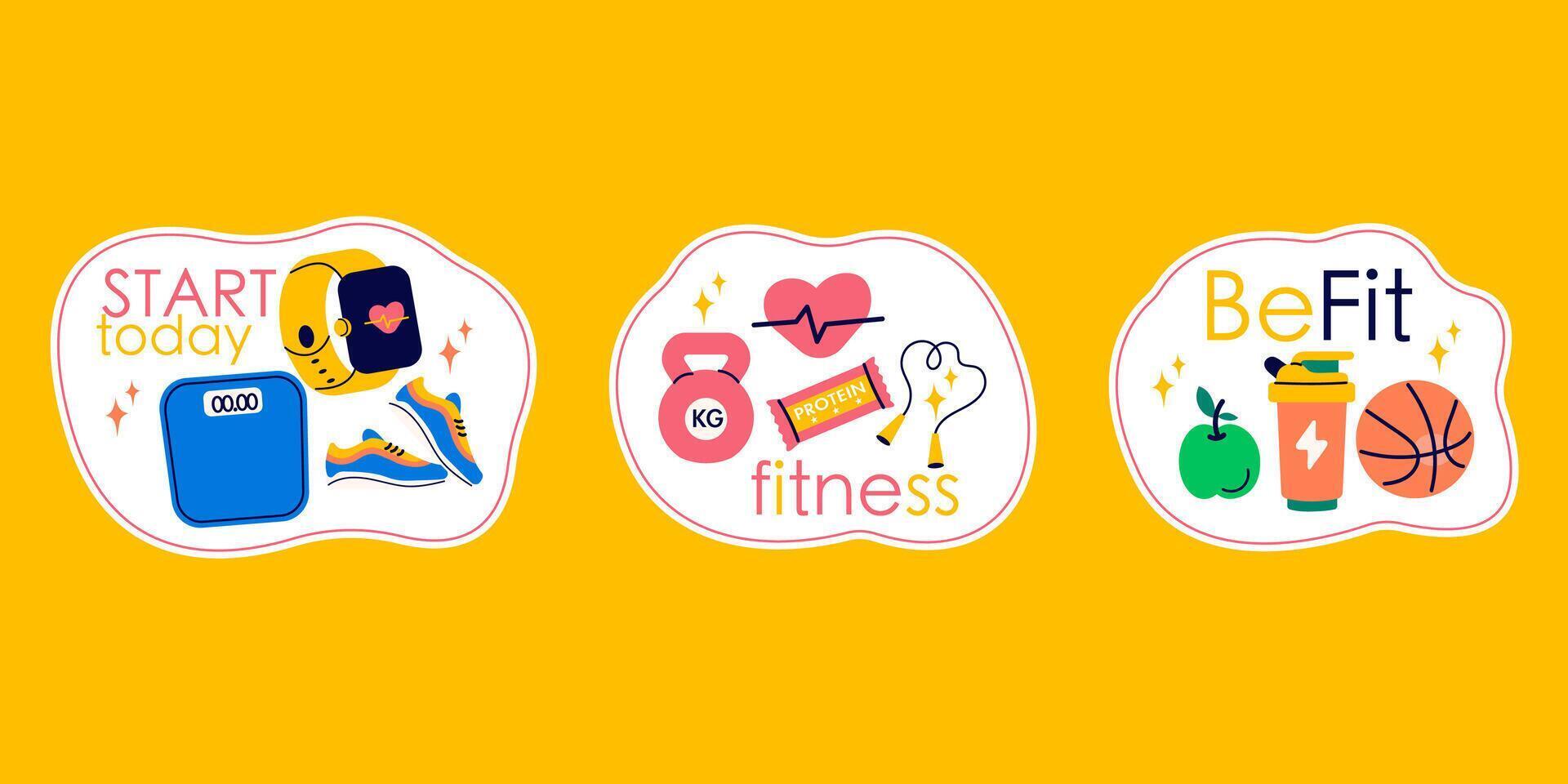 Stickers fitness, gym accessories, sport equipment of badge, label design with lettering vector