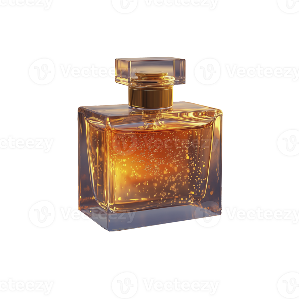 square glass perfume bottle with golden liquid inside, radiating elegance and luxury. shimmering effect adds touch of sophistication png