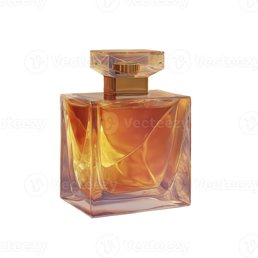 square glass perfume bottle with golden hue, showcasing elegance and luxury. Perfect for product photography png