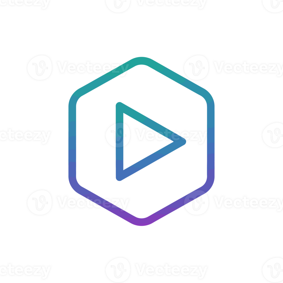 A gradient-colored play button is centered inside a hexagon outline cutouts png