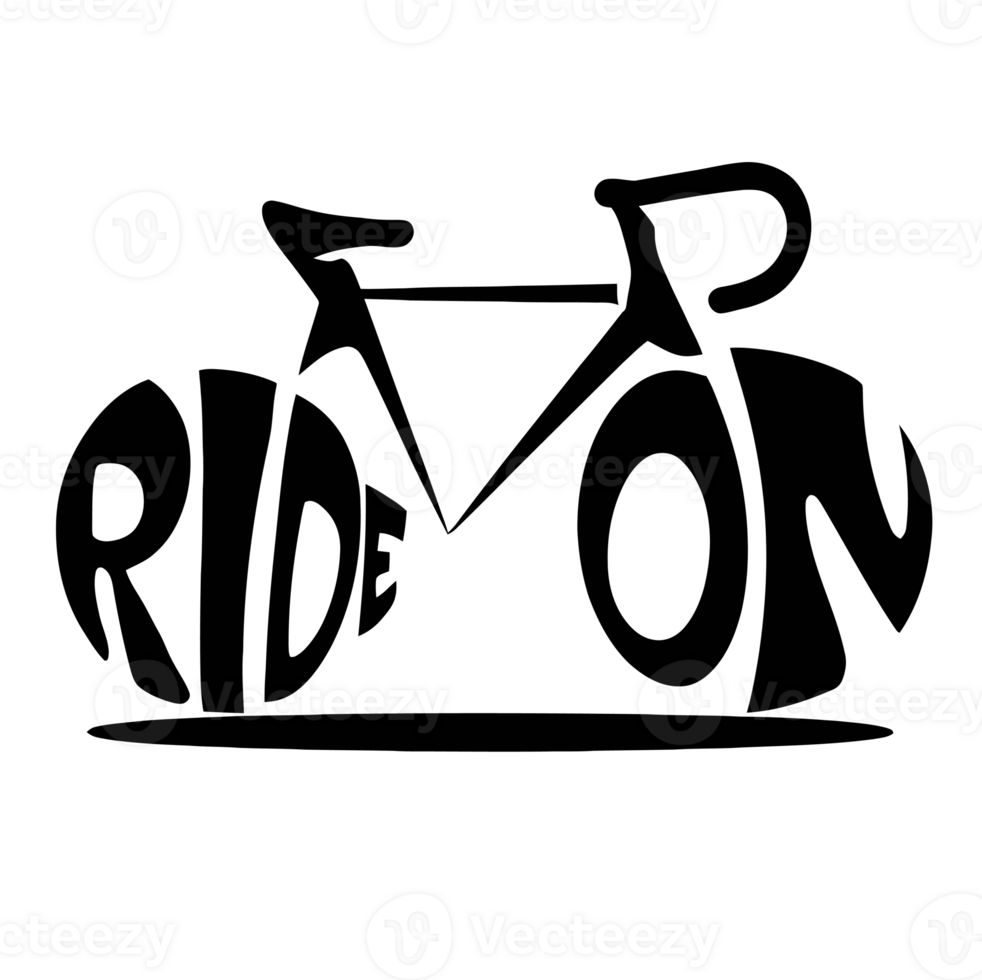 Stylized text creatively forms the shape of a bicycle, with the words RIDE and ON making up the wheel cutouts png