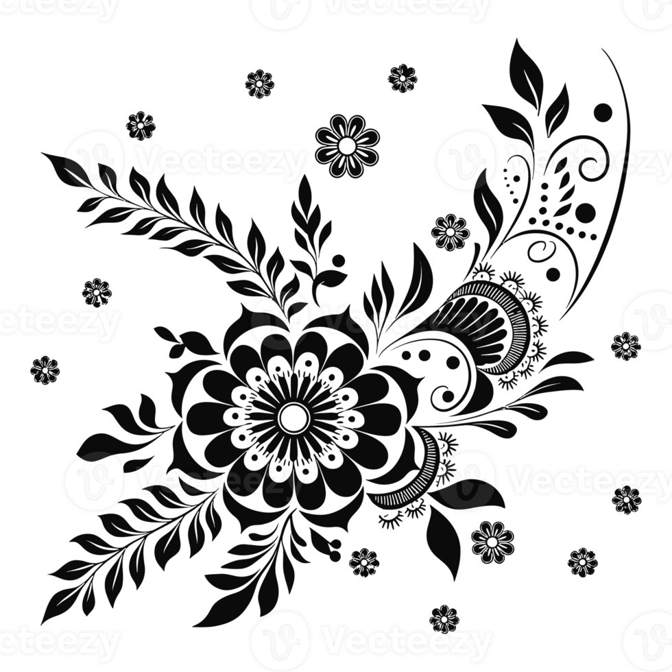 A black floral motif features intricate patterns of leaves and petals, forming an elegant corner design cutouts png
