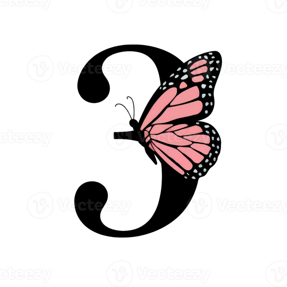 vivid, pink butterfly with intricate wing patterns rests on the numeral 3, creating a striking contrast cutouts png
