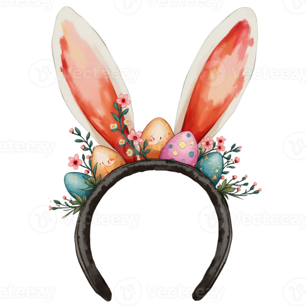 A headband adorned with Easter eggs, bunny ears, and colorful flowers cutouts png