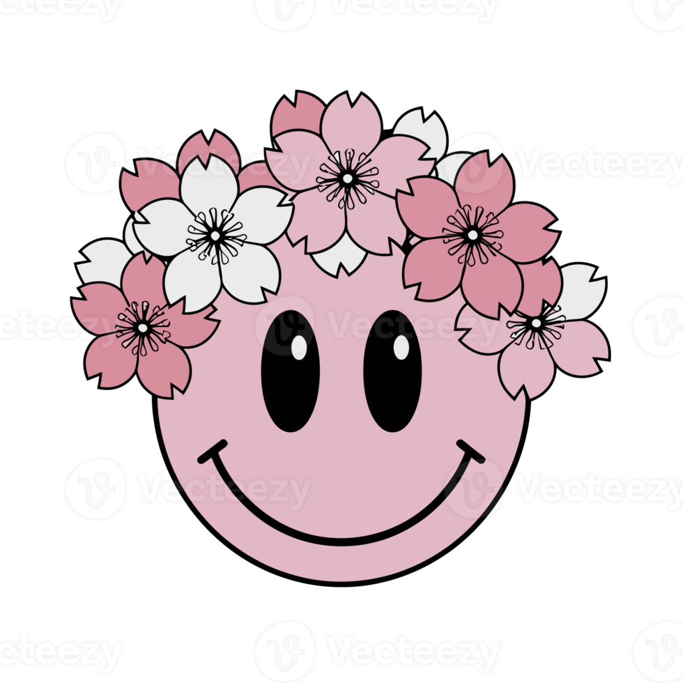 A cheerful pink smiley face is adorned with a wreath of pink and white cherry blossoms on its hea cutouts png