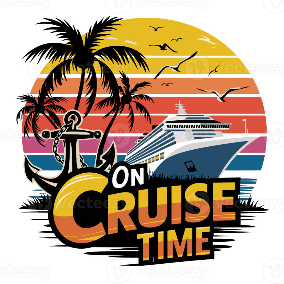 A stylized cruise design features a large ship set against a colorful sunset with silhouettes of palm trees and seagulls. On Cruise Time cutouts png