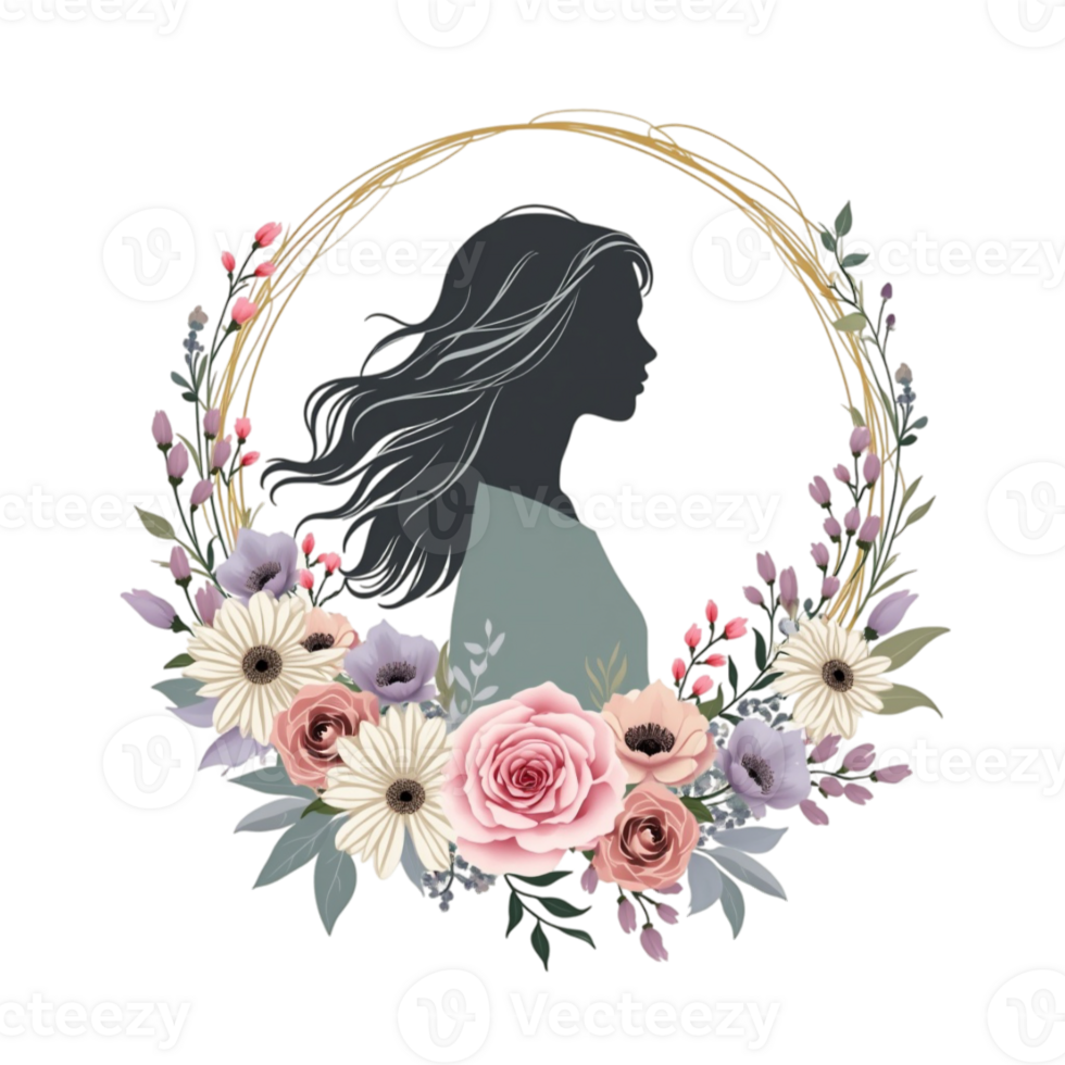A silhouette of a woman with flowing hair is surrounded by a vibrant arrangement of flowers cutouts png