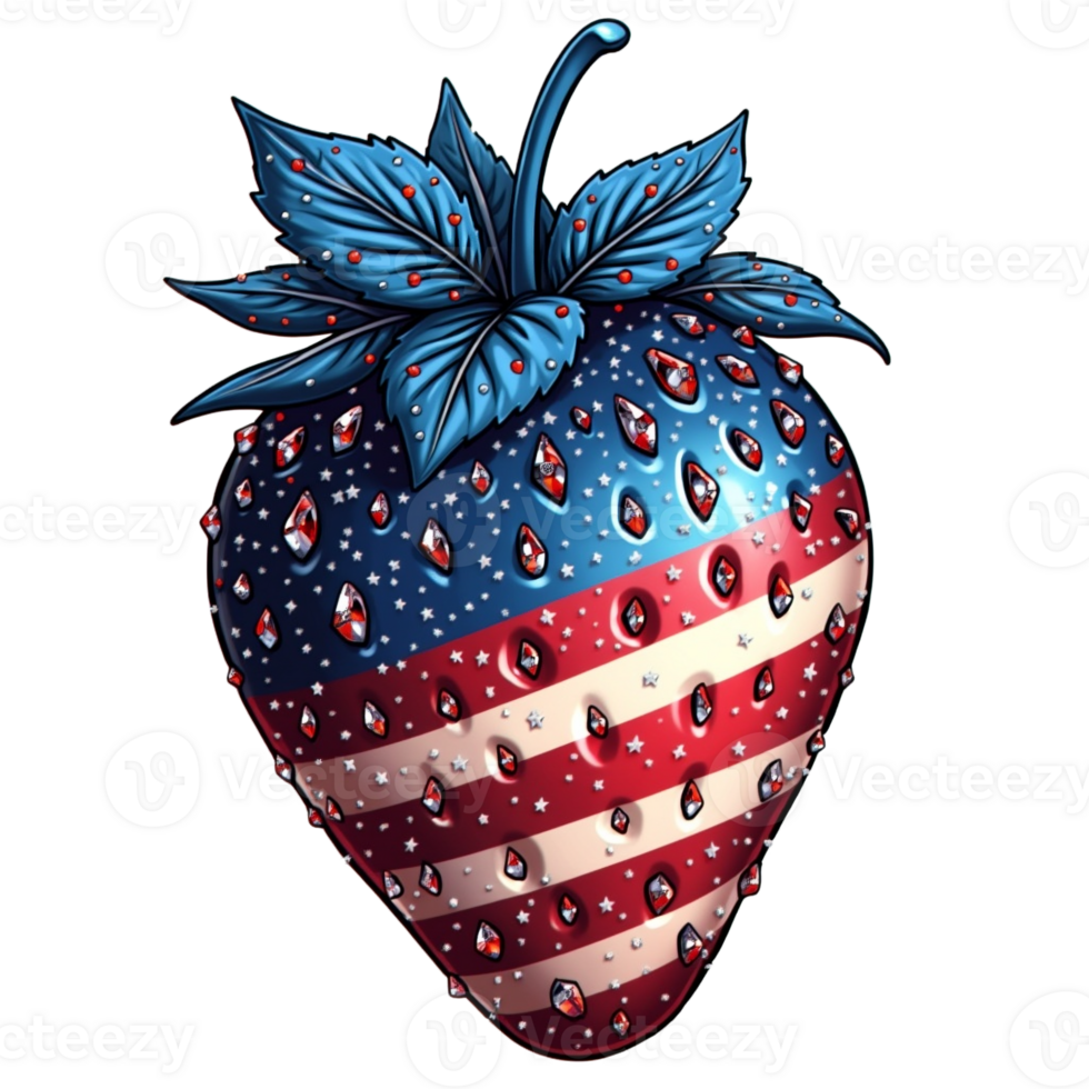 A strawberry is creatively depicted with a pattern resembling the American flag, featuring blue and red stripes and white stars cutouts png
