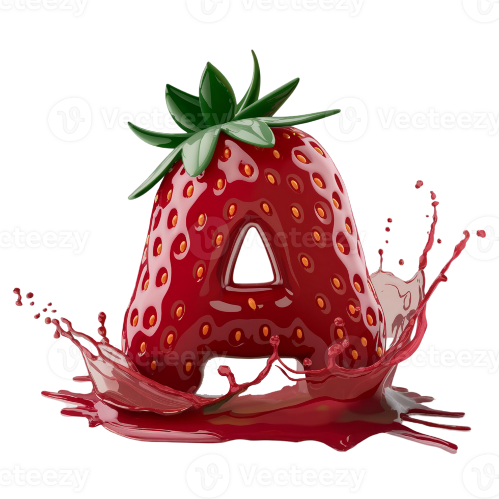 A red letter A is designed to resemble a strawberry with green leaves on top, accompanied by a splash cutouts png