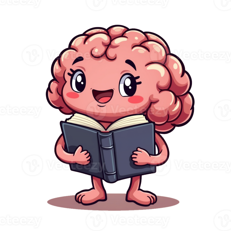 A cute cartoon character shaped like a brain is happily holding an open book cutouts png